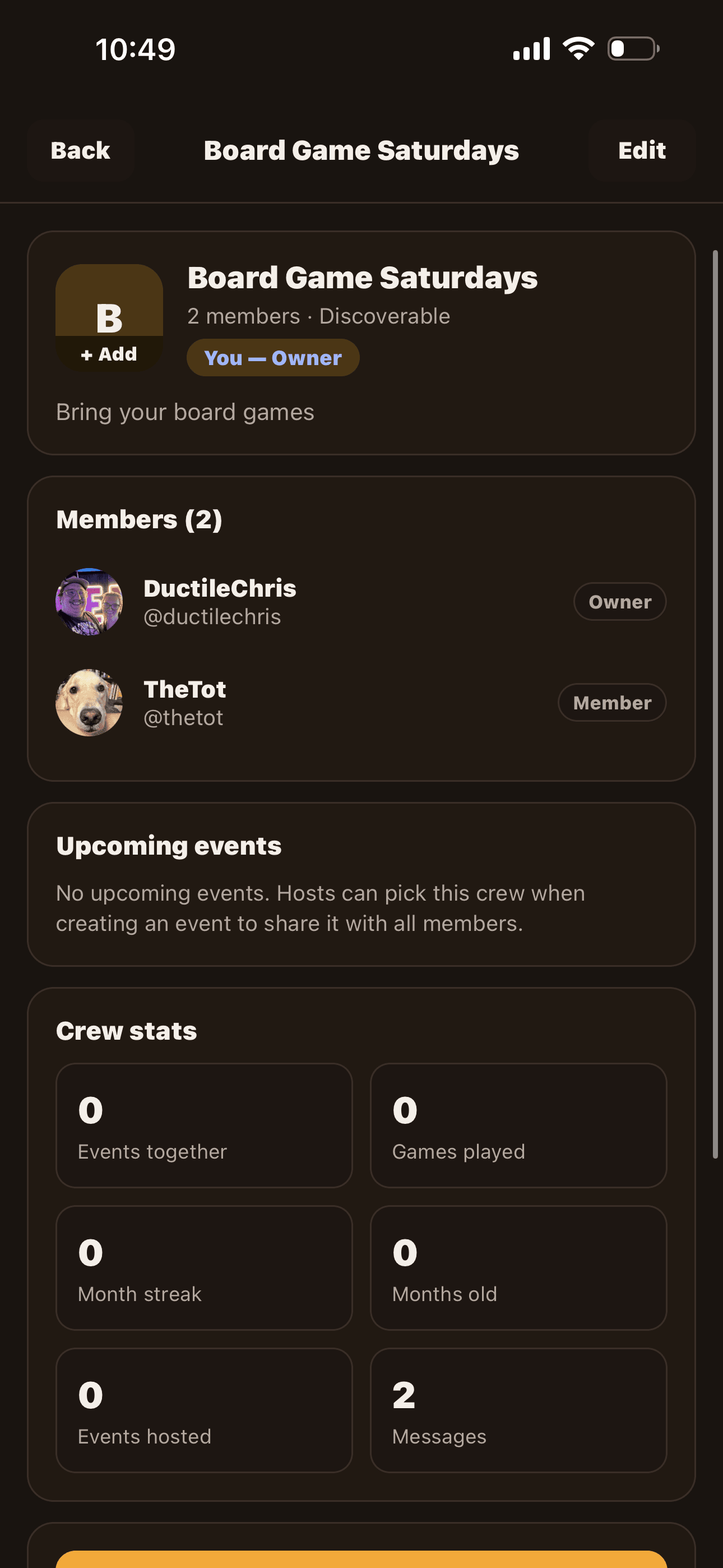 Crew detail screen — roster, upcoming events, shared stats