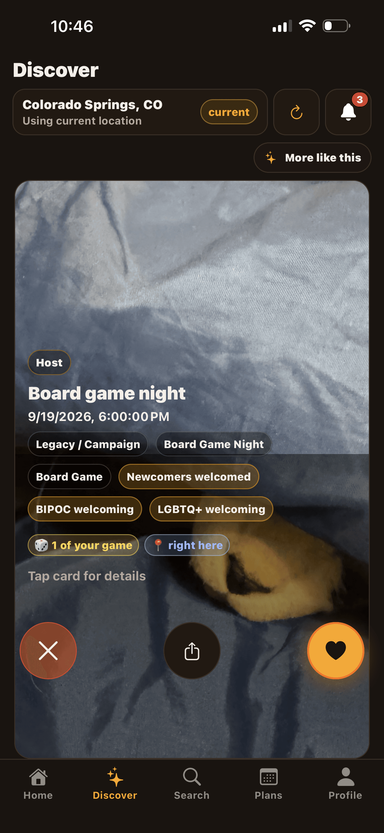 A Discover swipe card with cover image, host badge, and 'why this matches you' chips