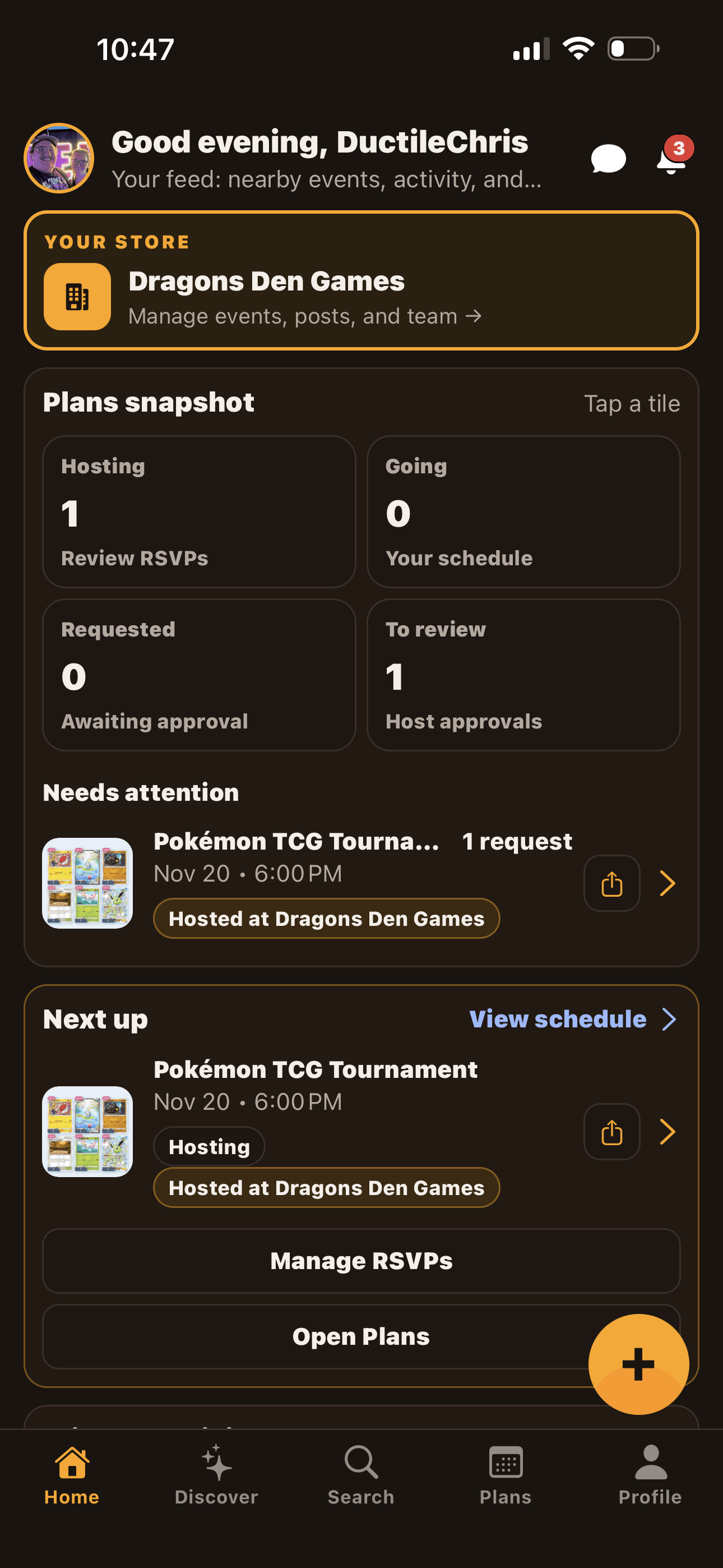 The AleaMeep Home tab — Your Store card, Plans snapshot, Next up event, and Friends Activity