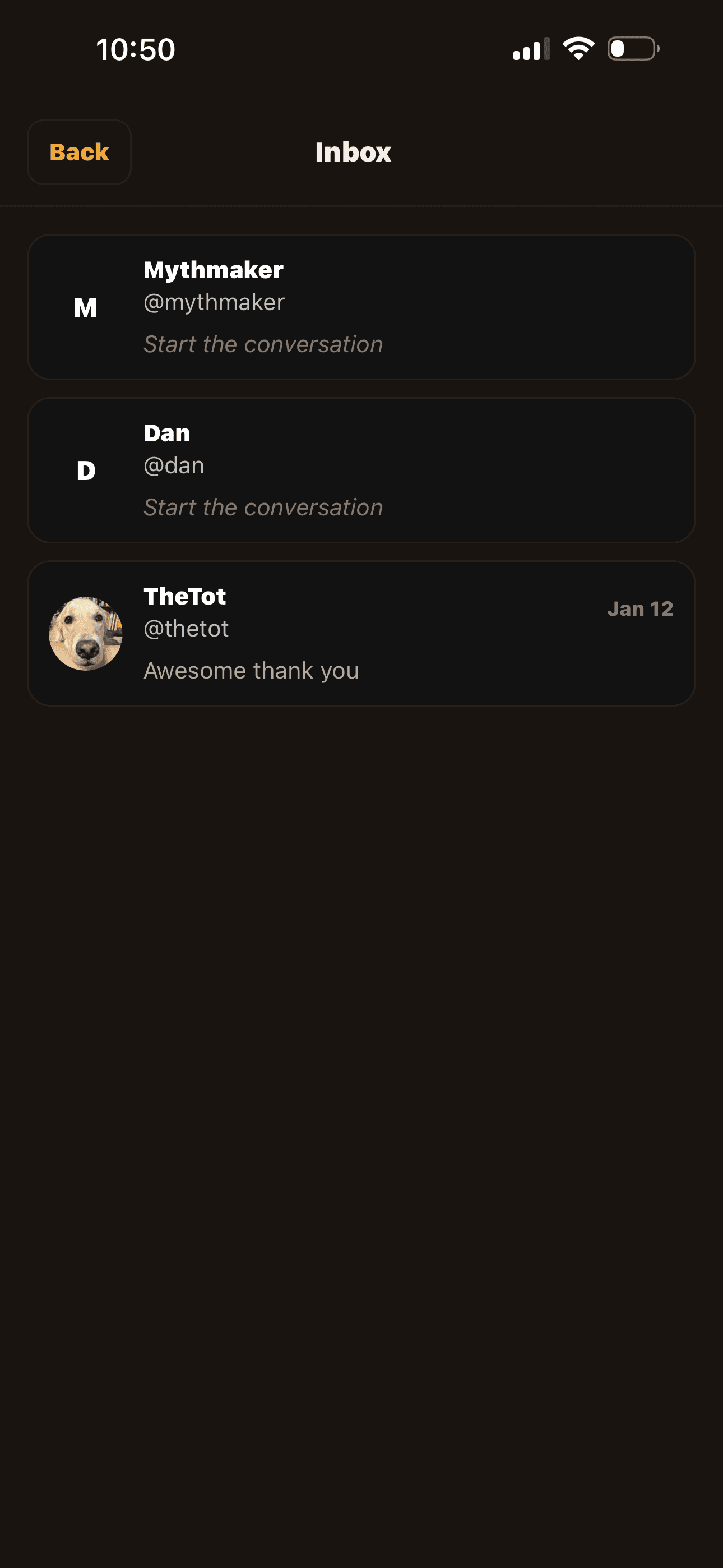 Inbox — message threads with connections and crews
