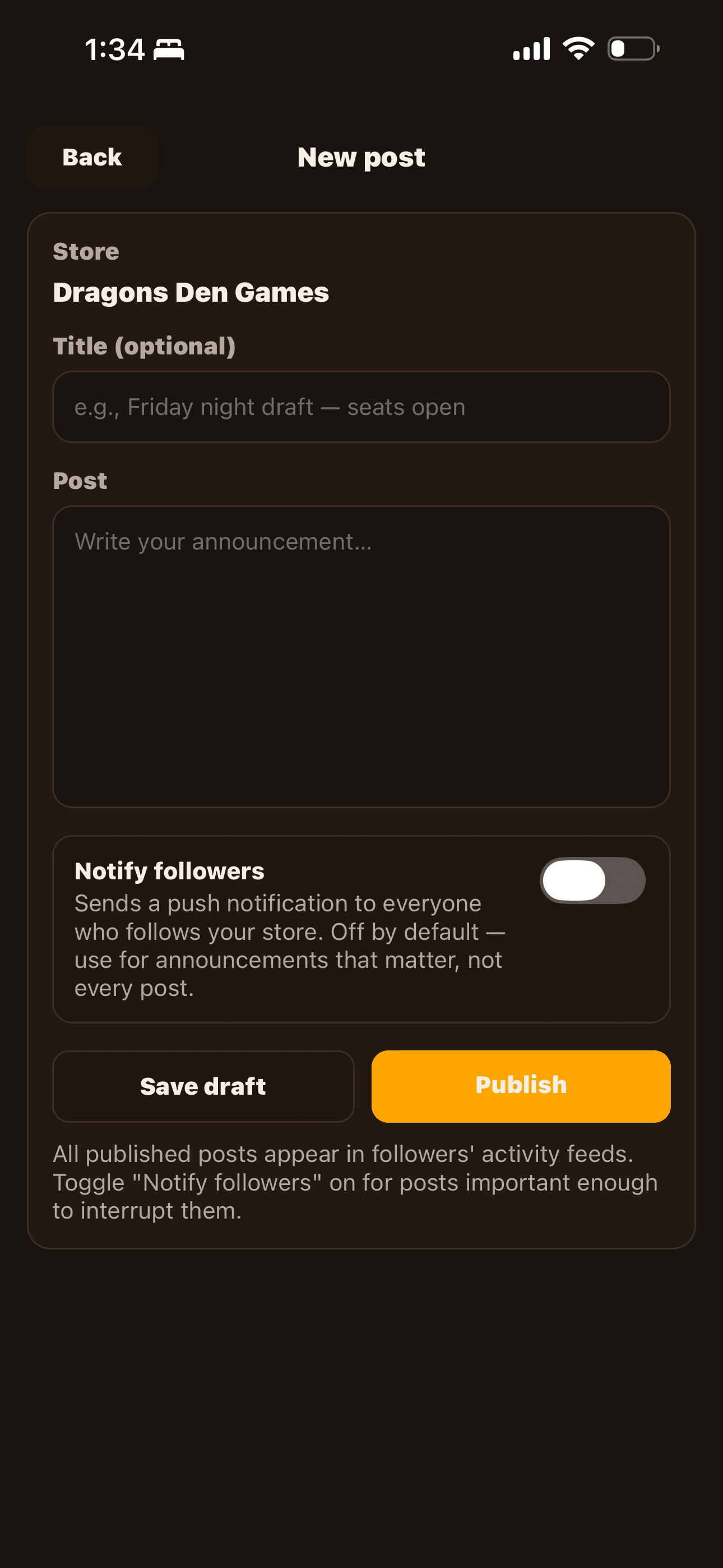Compose post screen with a 'Notify followers' toggle below the body field