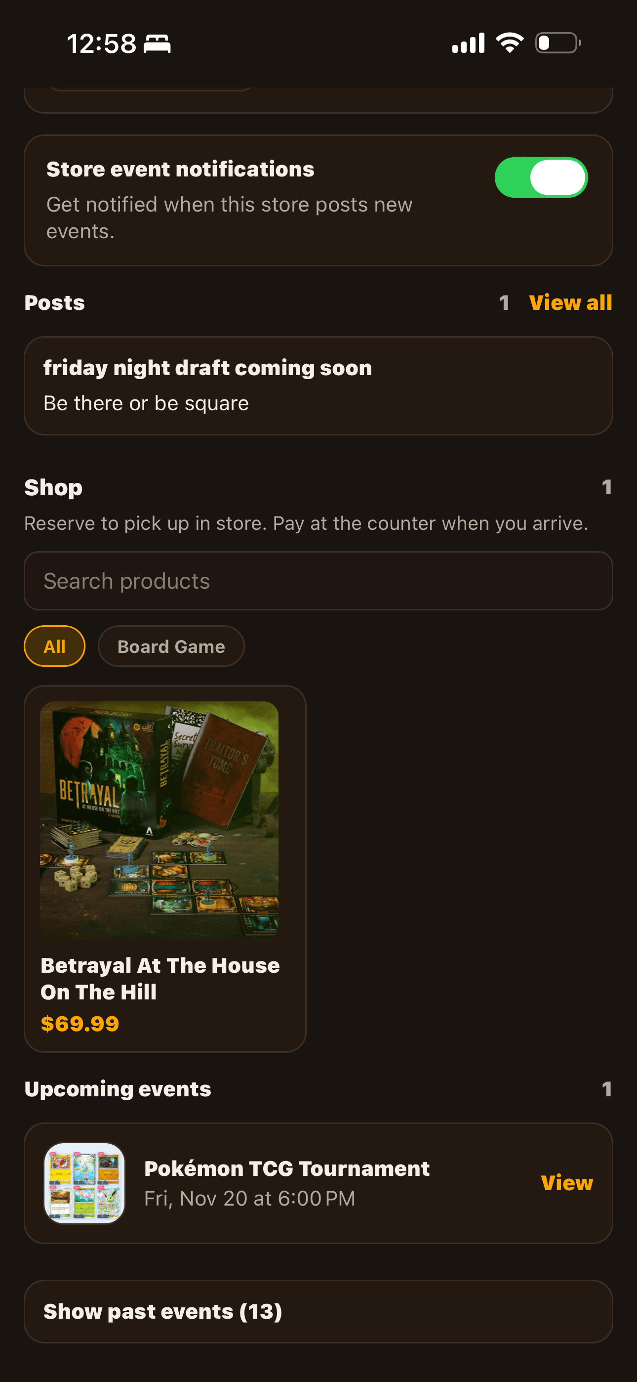 Shop section on a public store page — product cards with price, stock, and pre-order badges