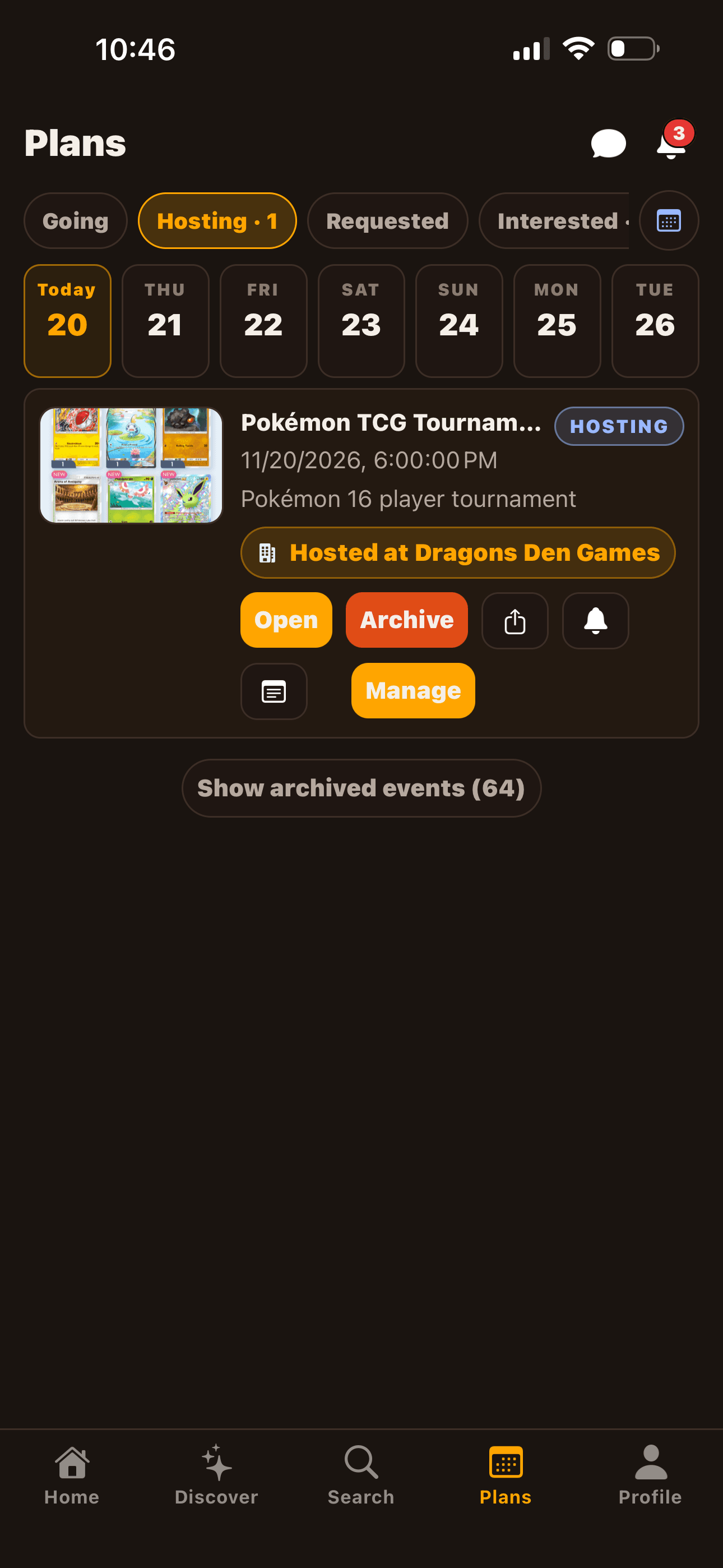 Plans tab with a week strip across the top and the user's hosted events listed below